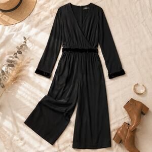 Madewell Velvet-Trimmed Tie Jumpsuit Black Size? 2/4 XS Small $168 Wide Leg Crop